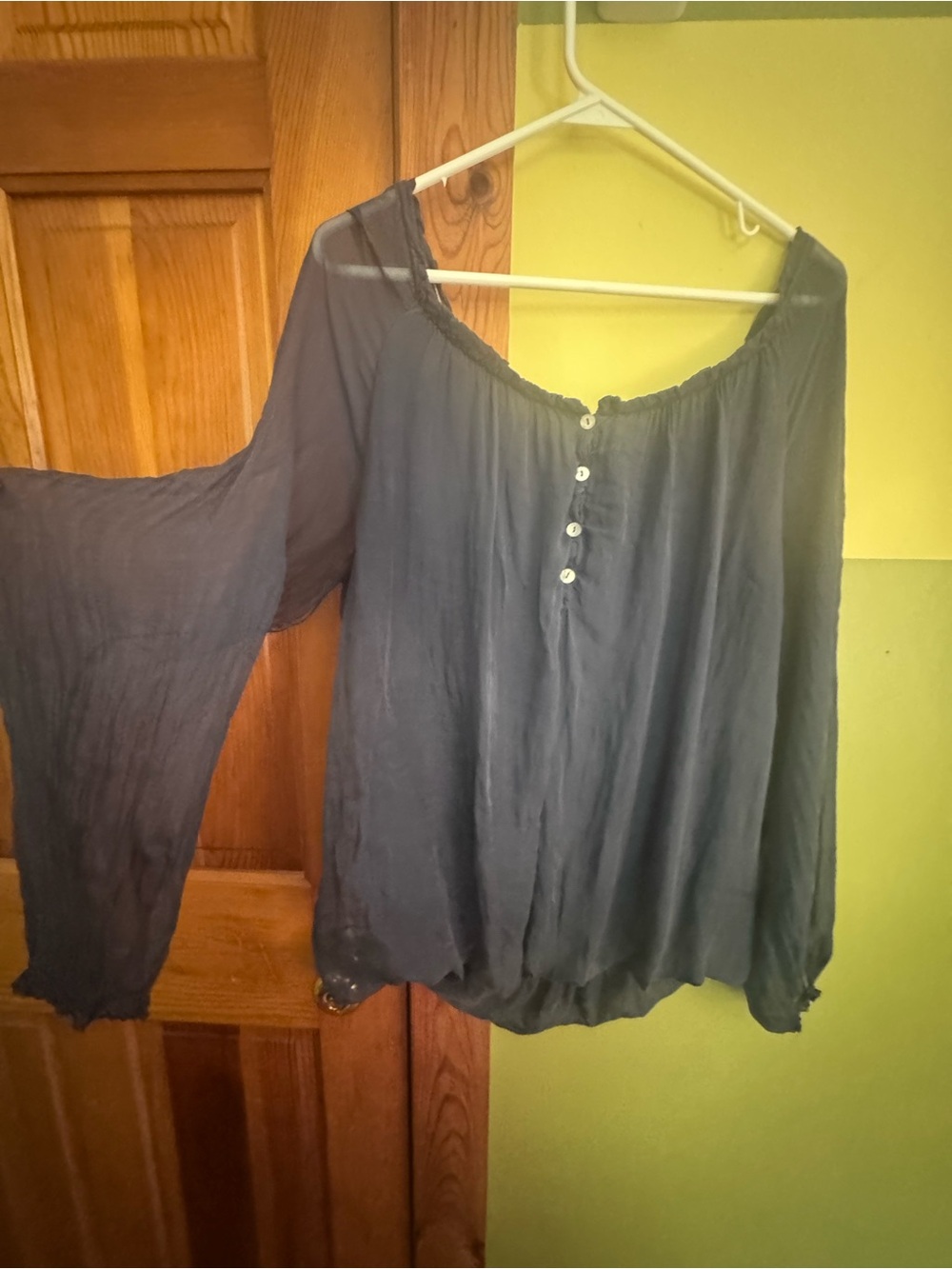 Flowy Navy Peasant silk Blouse with Button Front - Picture 1 of 7